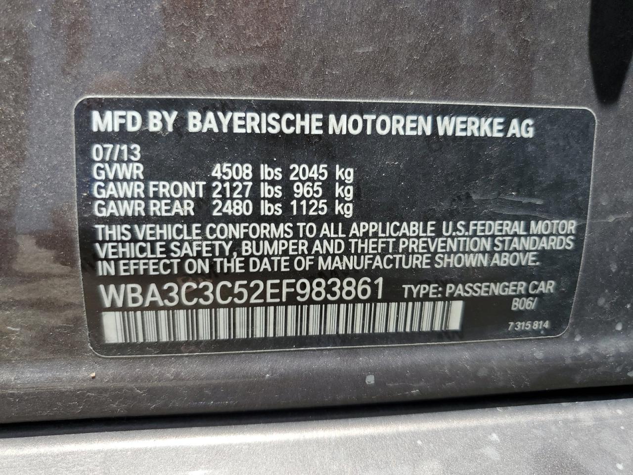 2014 BMW 320 I xDrive VIN: WBA3C3C52EF983861 Lot: 62944104