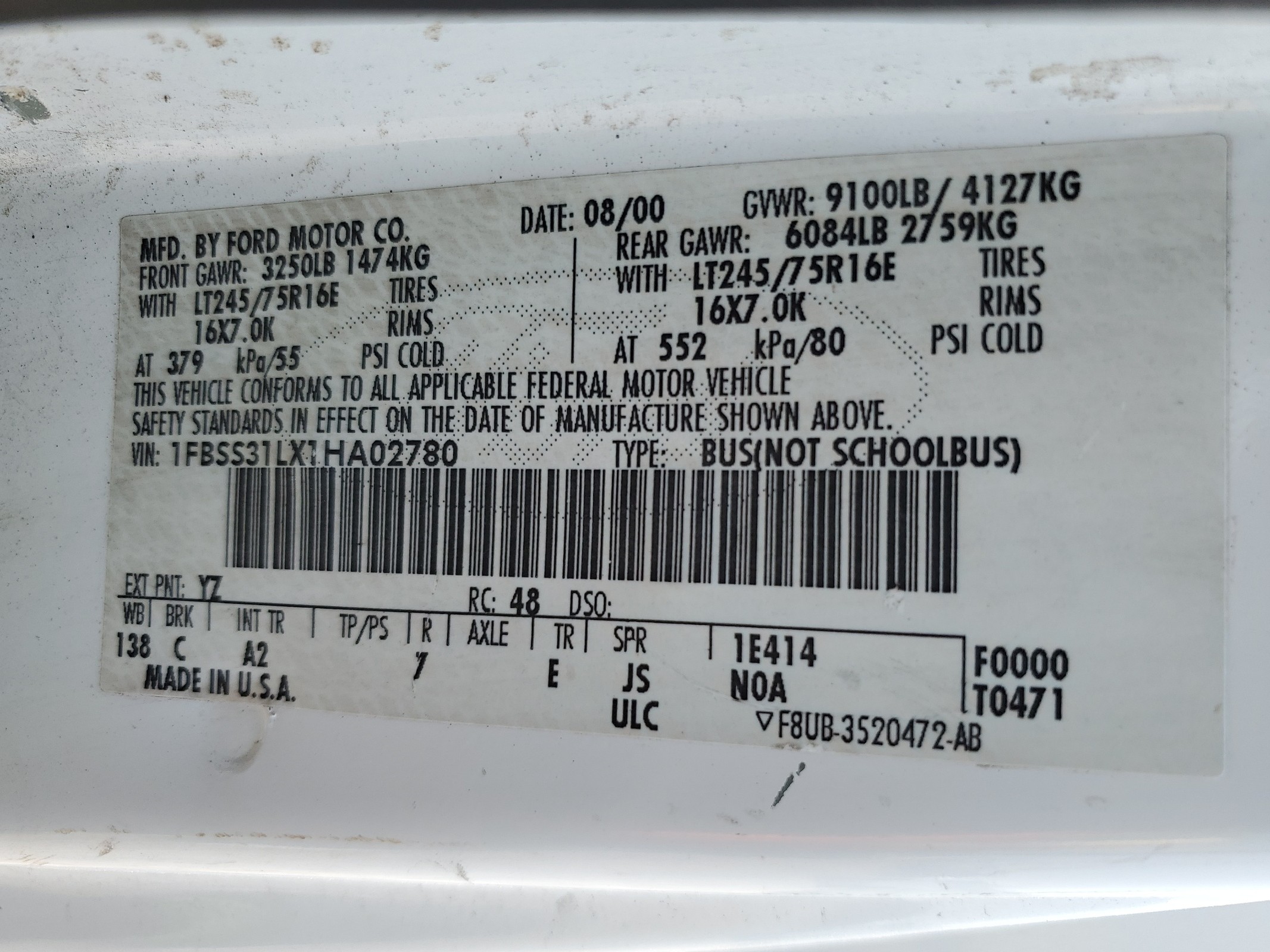 1FBSS31LX1HA02780 2001 Ford Econoline E350 Super Duty Wagon