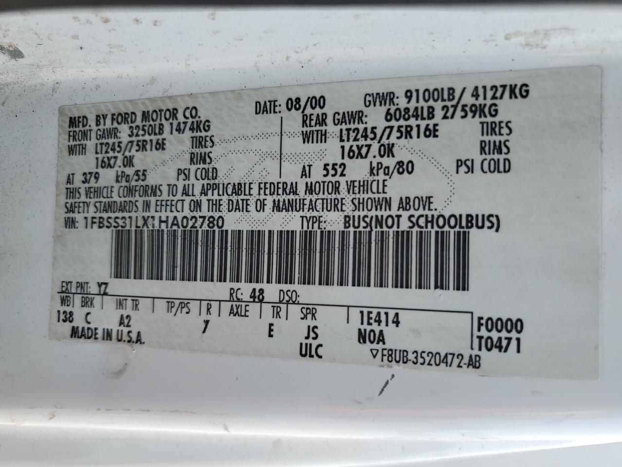 2001 Ford Econoline E350 Super Duty Wagon VIN: 1FBSS31LX1HA02780 Lot: 62869094