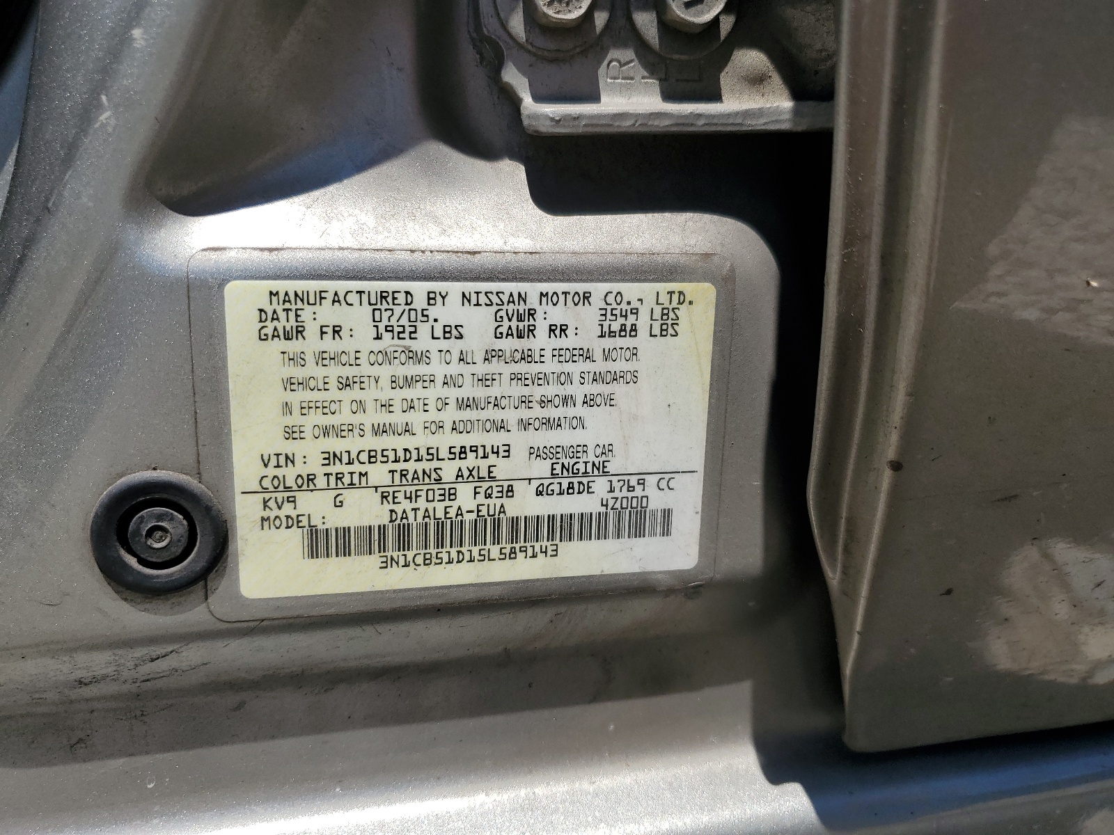 3N1CB51D15L589143 2005 Nissan Sentra 1.8