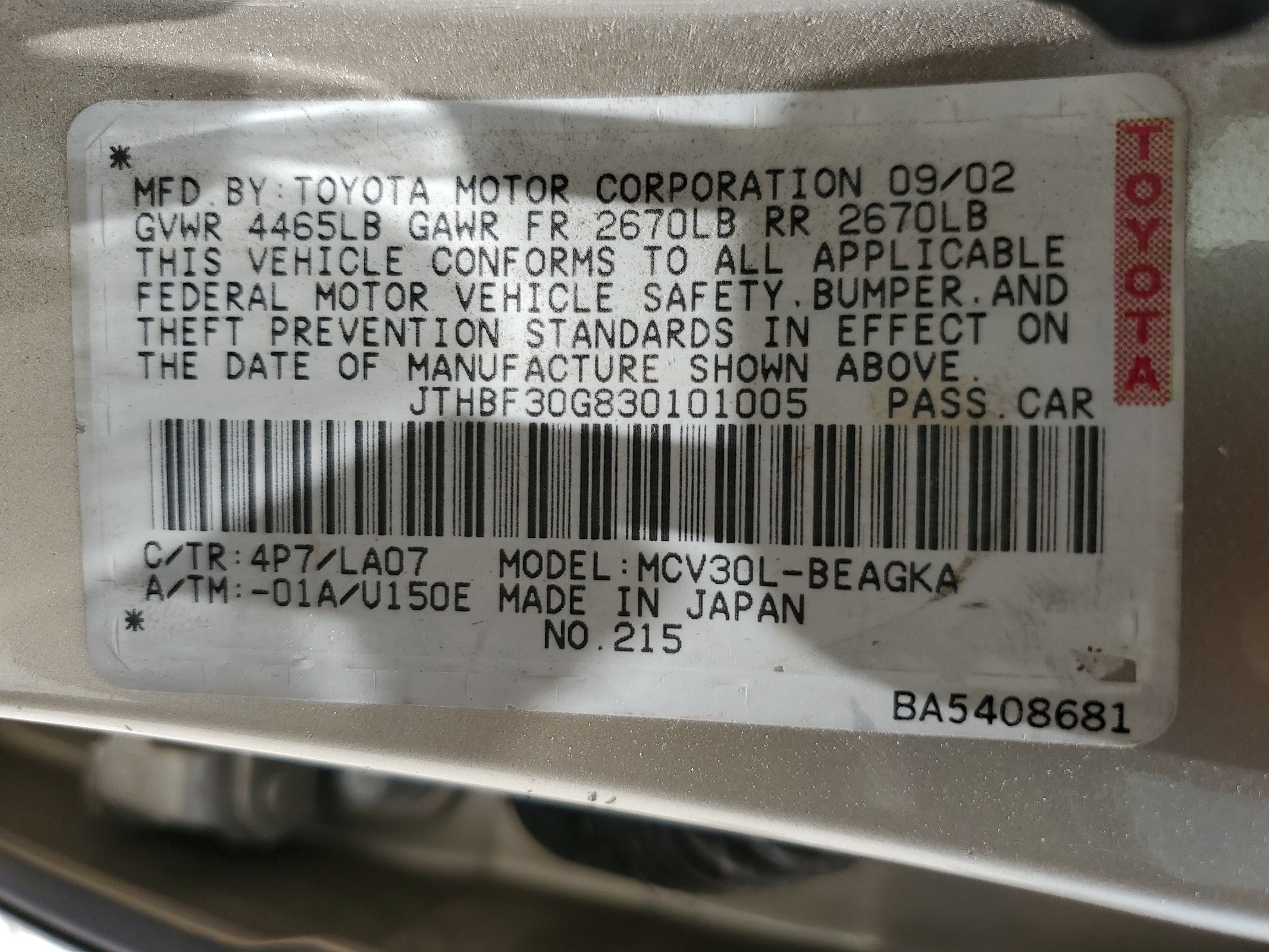 JTHBF30G830101005 2003 Lexus Es 300