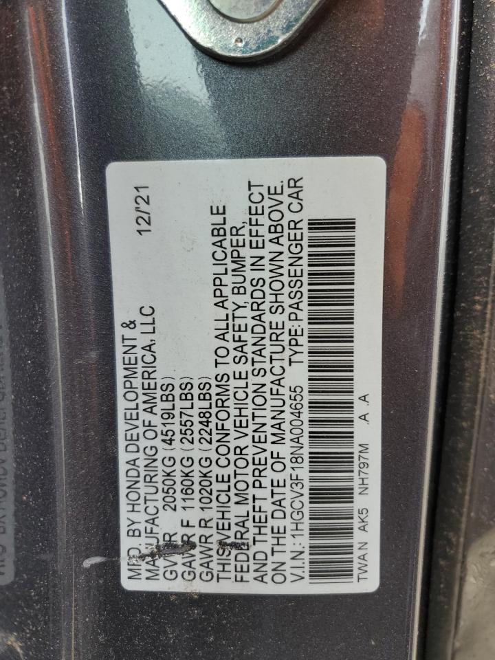 2022 Honda Accord Hybrid VIN: 1HGCV3F18NA004655 Lot: 63458884