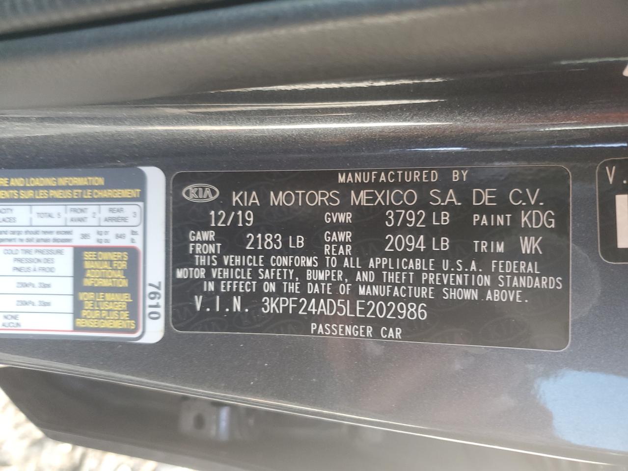 3KPF24AD5LE202986 2020 Kia Forte Fe