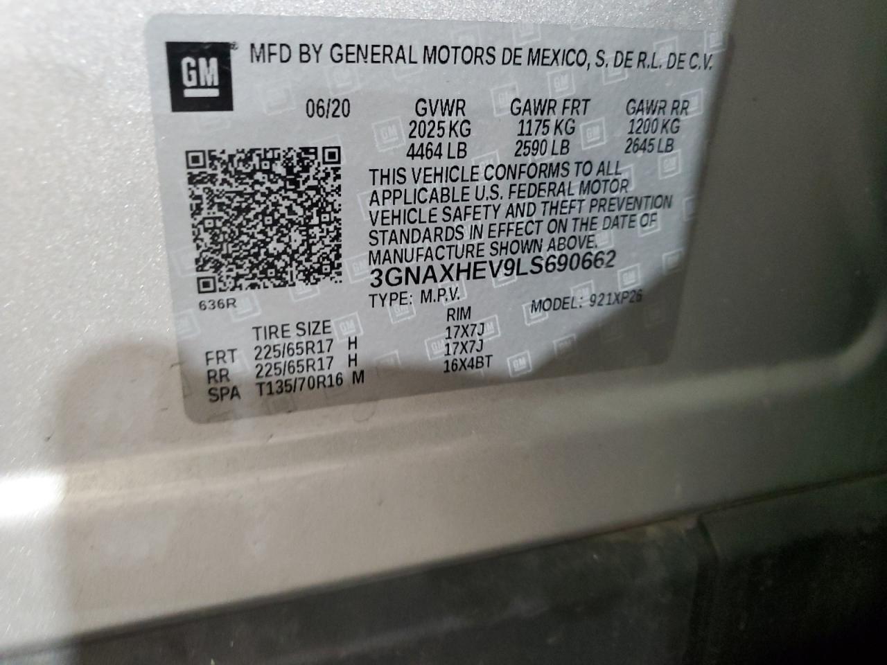 2020 Chevrolet Equinox Ls VIN: 3GNAXHEV9LS690662 Lot: 64547344