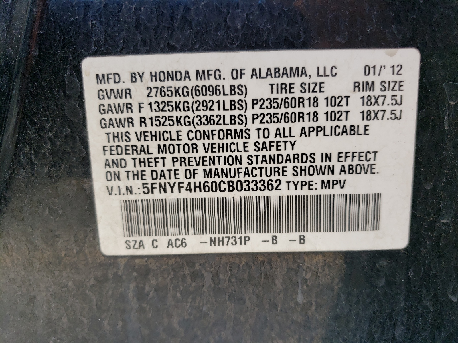 5FNYF4H60CB033362 2012 Honda Pilot Exl