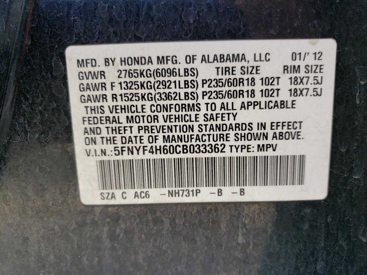 2012 Honda Pilot Exl VIN: 5FNYF4H60CB033362 Lot: 61877304