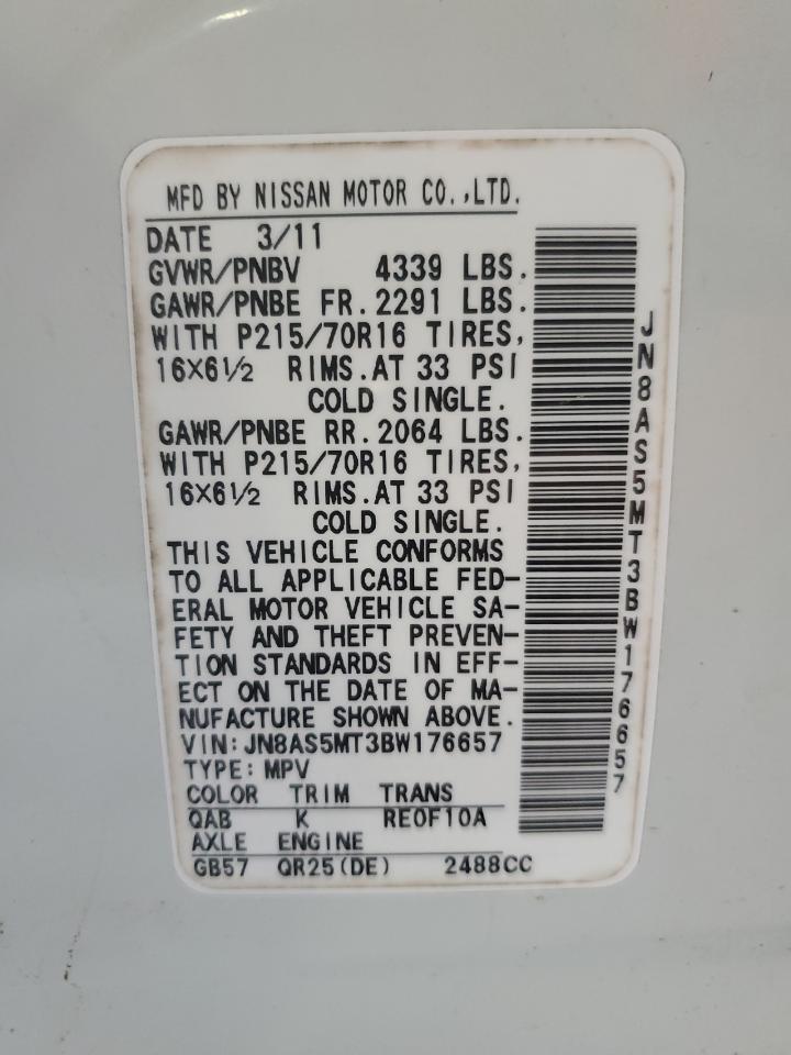 2011 Nissan Rogue S VIN: JN8AS5MT3BW176657 Lot: 61254184