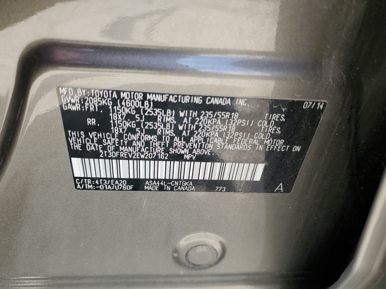 2T3DFREV2EW207162 2014 Toyota Rav4 Limited