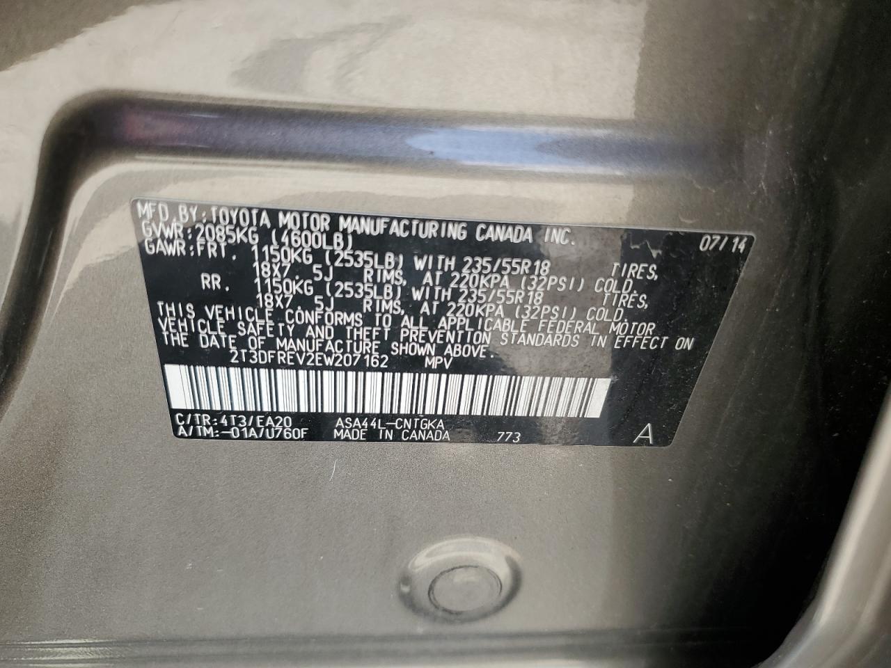 2014 Toyota Rav4 Limited VIN: 2T3DFREV2EW207162 Lot: 62645714