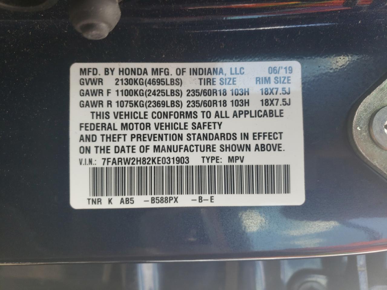 2019 Honda Cr-V Exl VIN: 7FARW2H82KE031903 Lot: 63144064