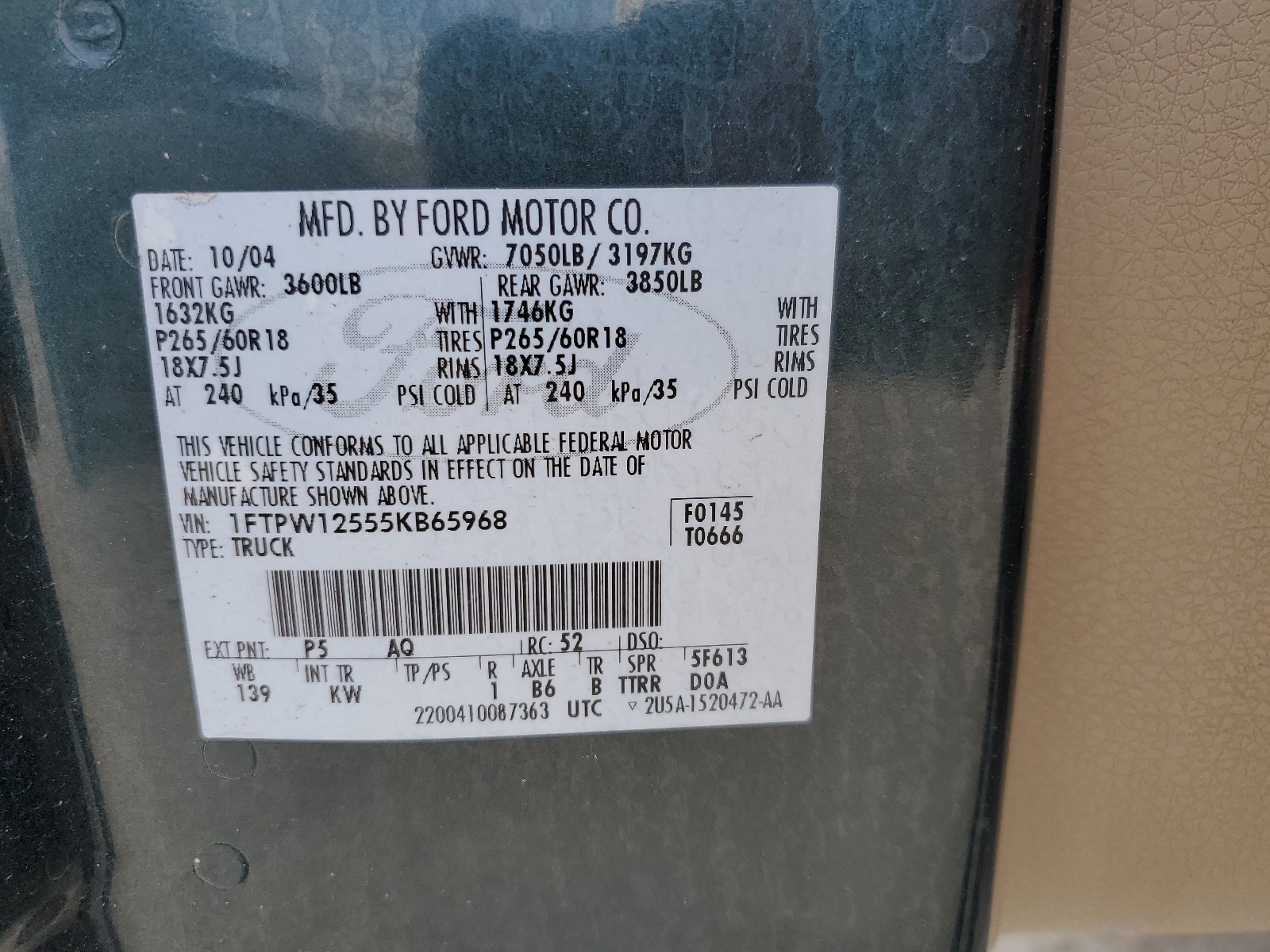 1FTPW12555KB65968 2005 Ford F150 Supercrew