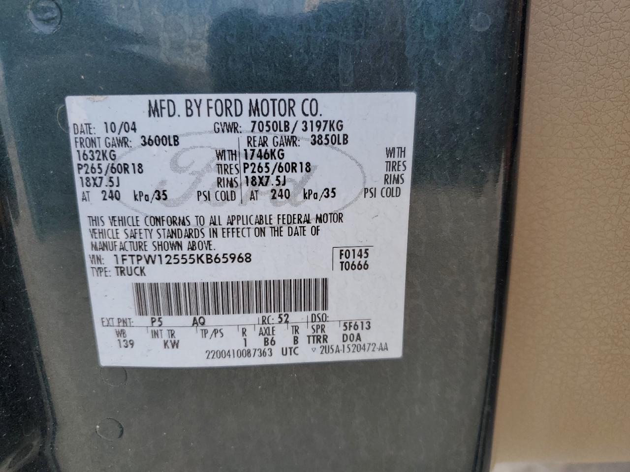 2005 Ford F150 Supercrew VIN: 1FTPW12555KB65968 Lot: 64203054