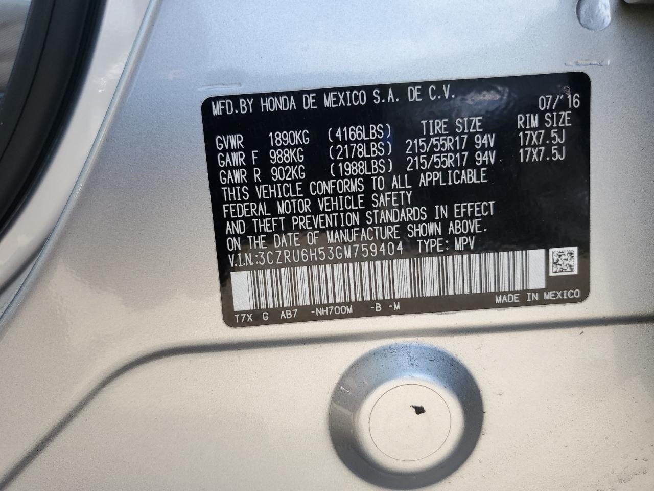 2016 Honda Hr-V Ex VIN: 3CZRU6H53GM759404 Lot: 61147094