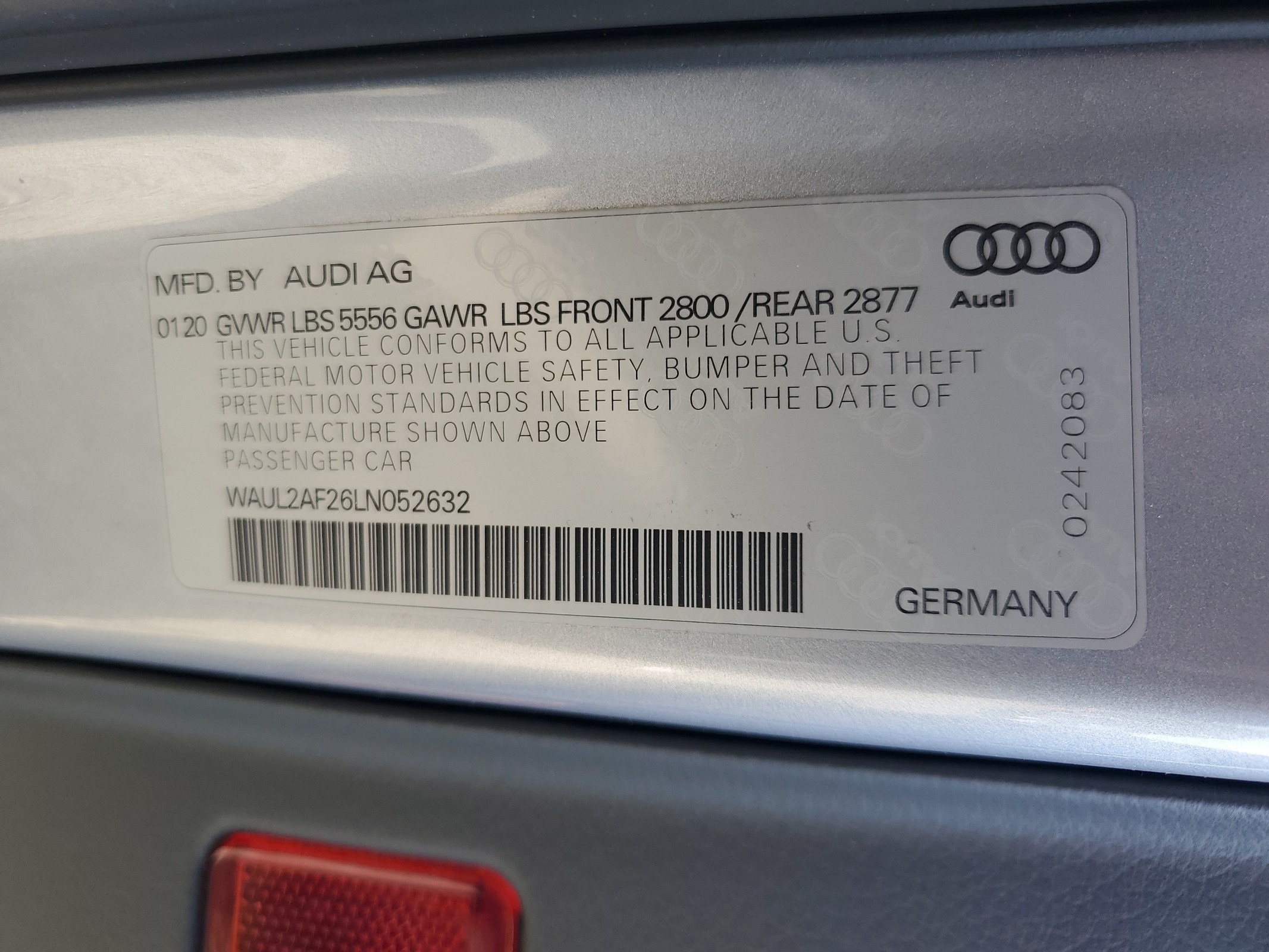 WAUL2AF26LN052632 2020 Audi A6 Premium Plus