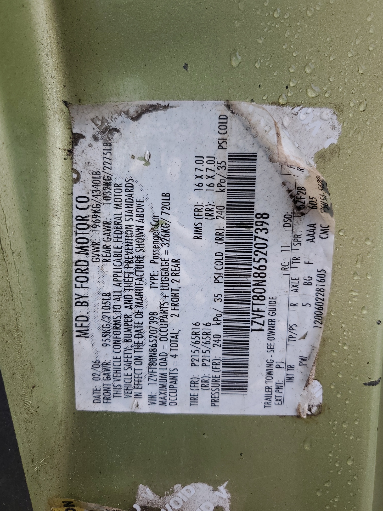 1ZVFT80N865207398 2006 Ford Mustang