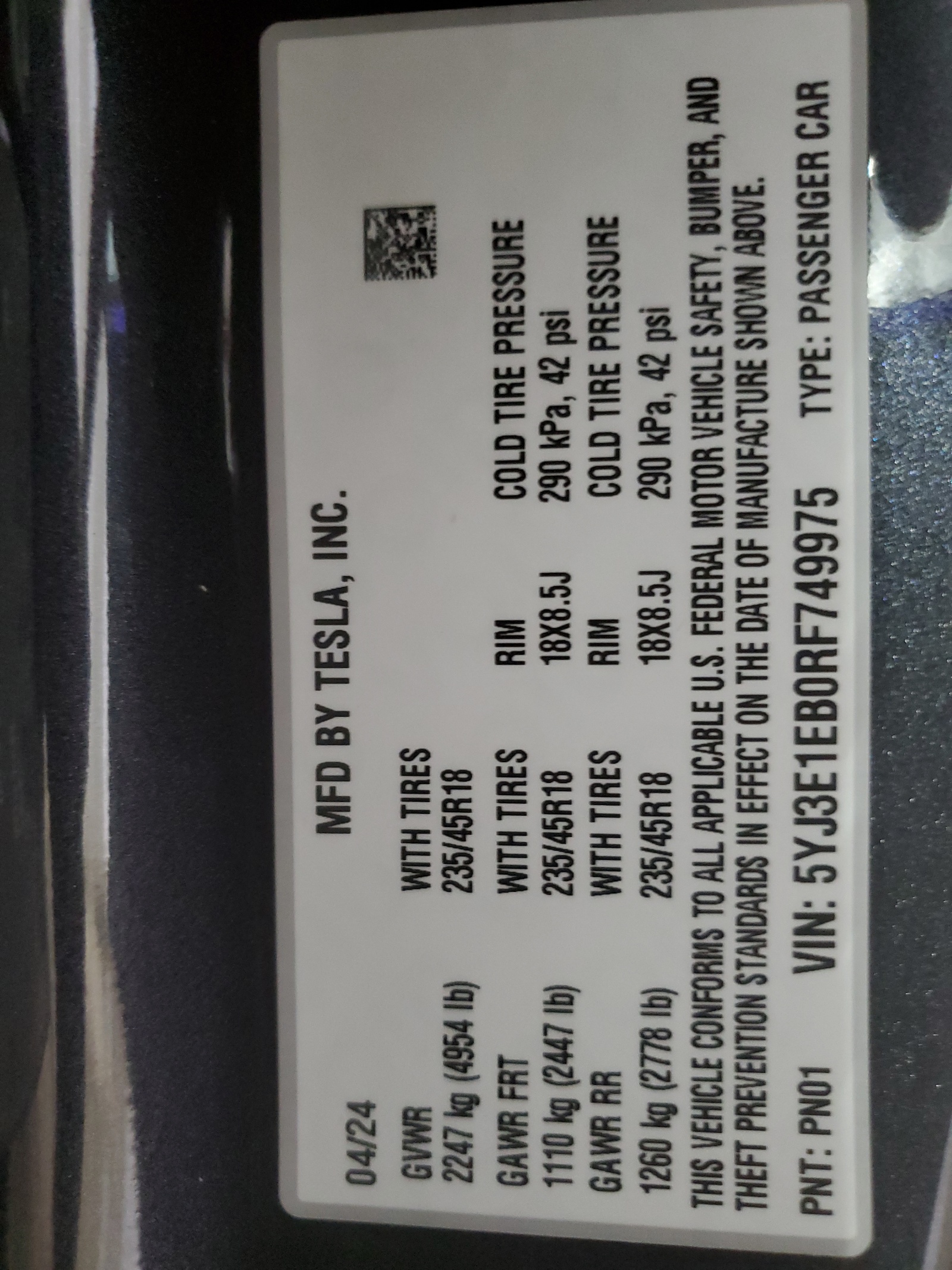 5YJ3E1EB0RF749975 2024 Tesla Model 3