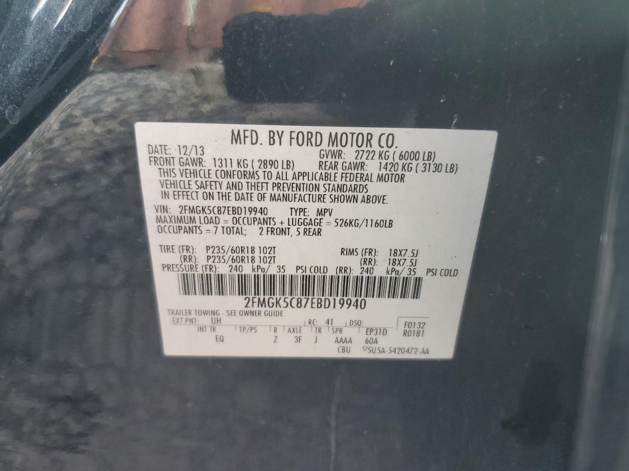 2014 Ford Flex Sel VIN: 2FMGK5C87EBD19940 Lot: 62554064