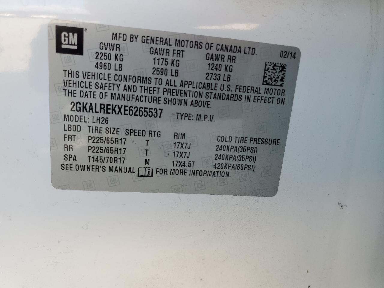 2014 GMC Terrain Sle VIN: 2GKALREKXE6265537 Lot: 63540504