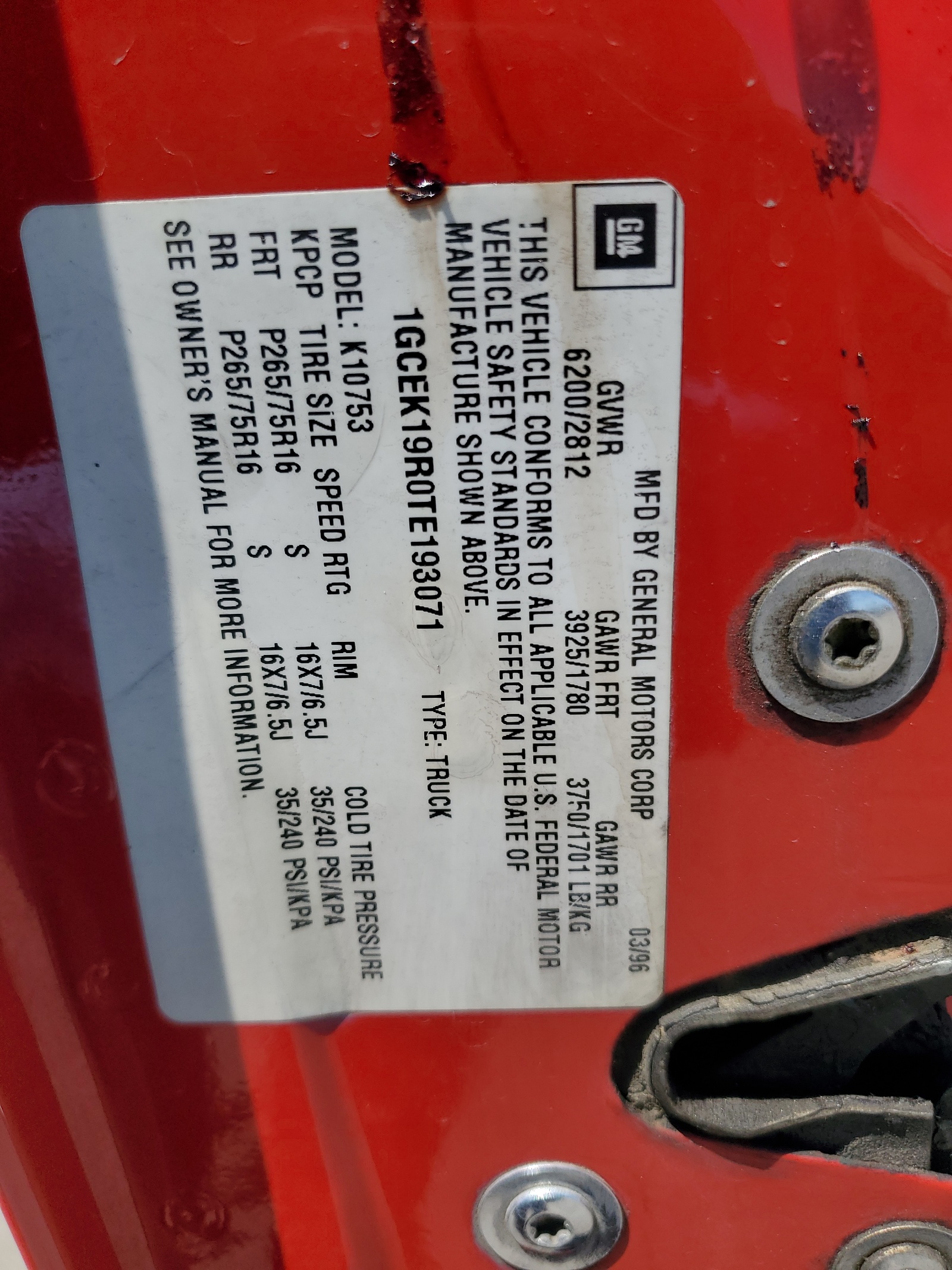 1GCEK19R0TE193071 1996 Chevrolet Gmt-400 K1500