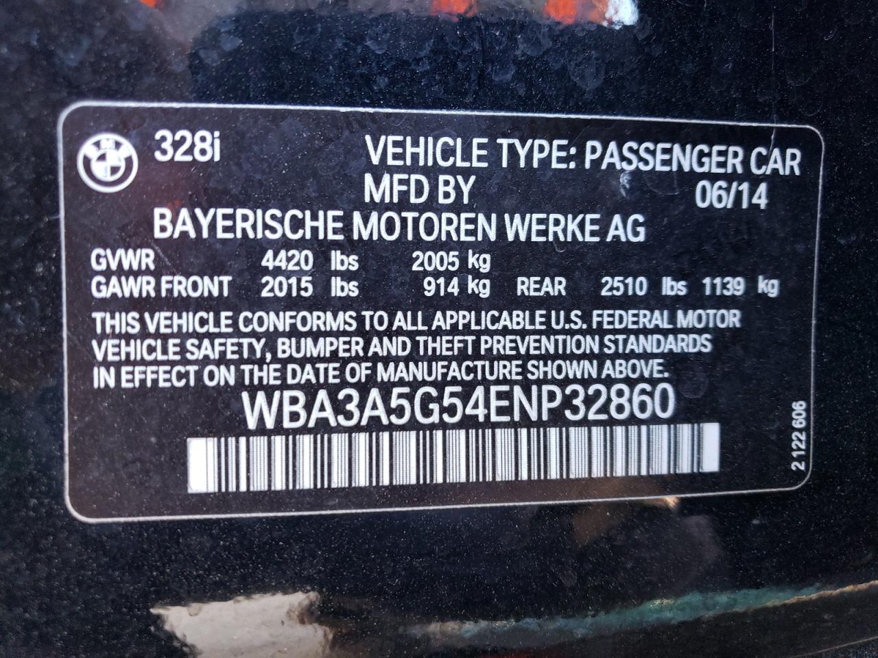 2014 BMW 328 I VIN: WBA3A5G54ENP32860 Lot: 63728754