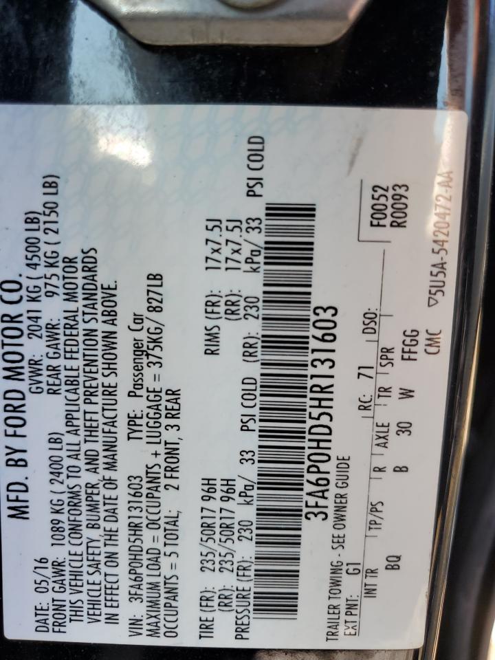 2017 Ford Fusion Se VIN: 3FA6P0HD5HR131603 Lot: 63677714