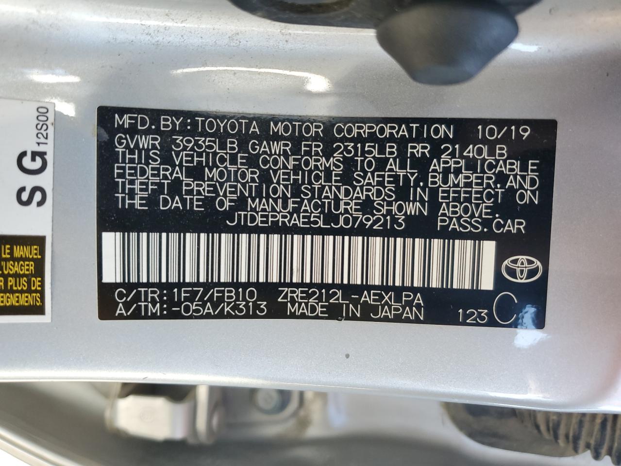 JTDEPRAE5LJ079213 2020 Toyota Corolla Le