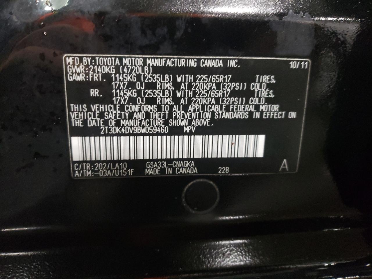 2011 Toyota Rav4 Limited VIN: 2T3DK4DV9BW059460 Lot: 63692004