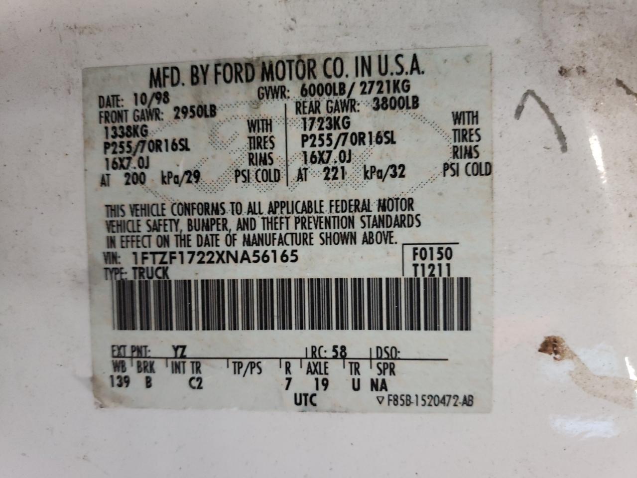 1999 Ford F150 VIN: 1FTZF1722XNA56165 Lot: 62870114
