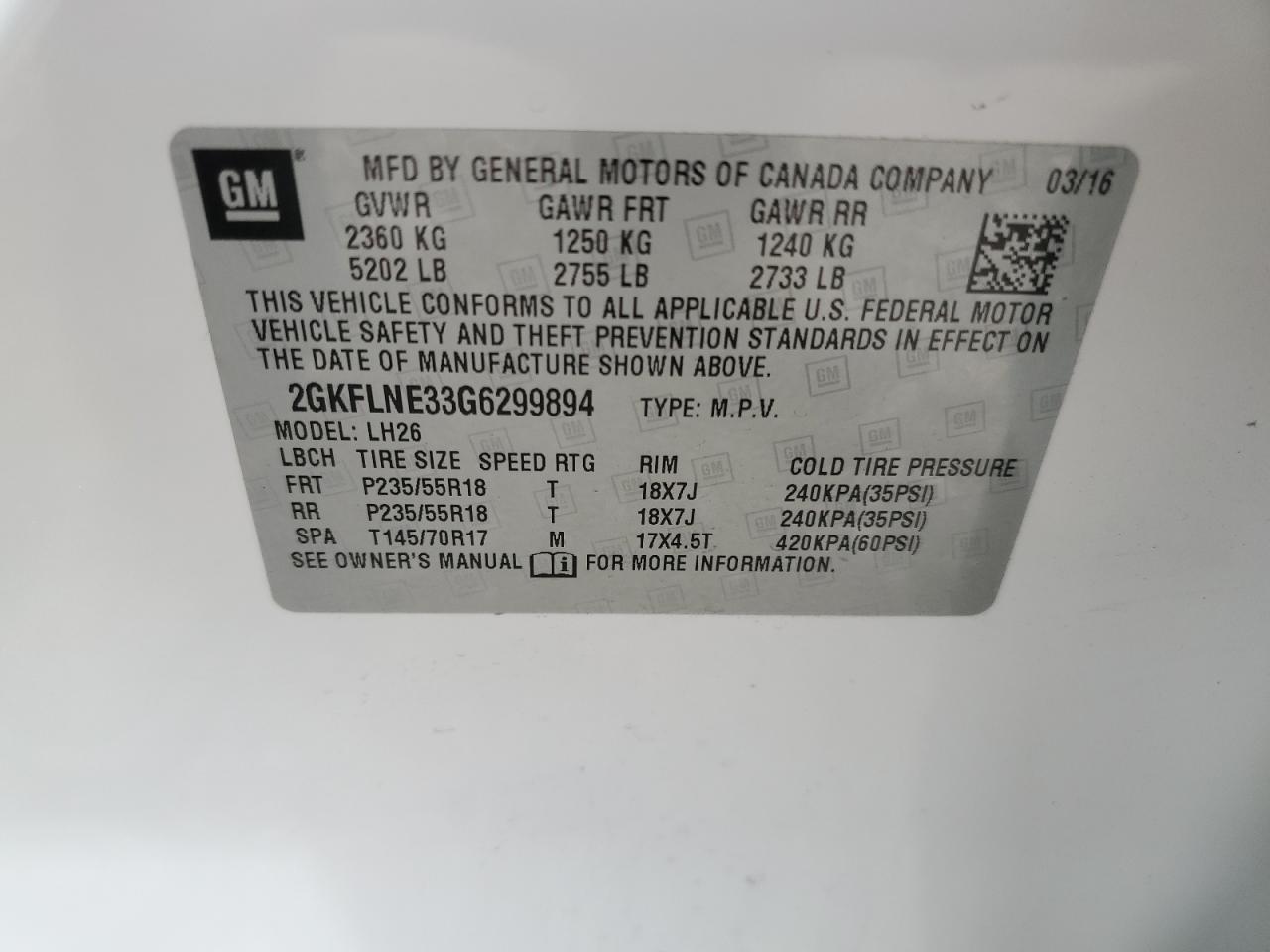 2016 GMC Terrain Sle VIN: 2GKFLNE33G6299894 Lot: 64948024