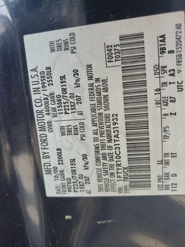 2001 Ford Ranger VIN: 1FTYR10C31TA31932 Lot: 61887884