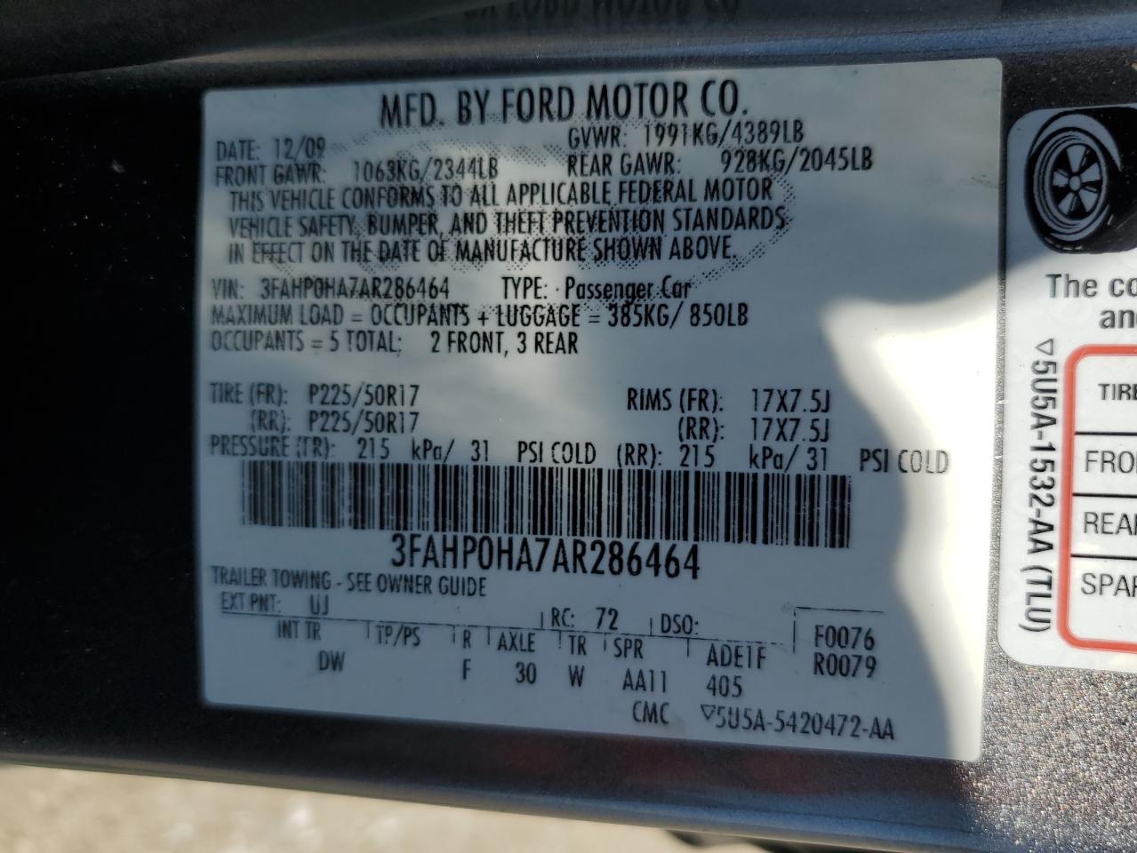 2010 Ford Fusion Se VIN: 3FAHP0HA7AR286464 Lot: 64481574