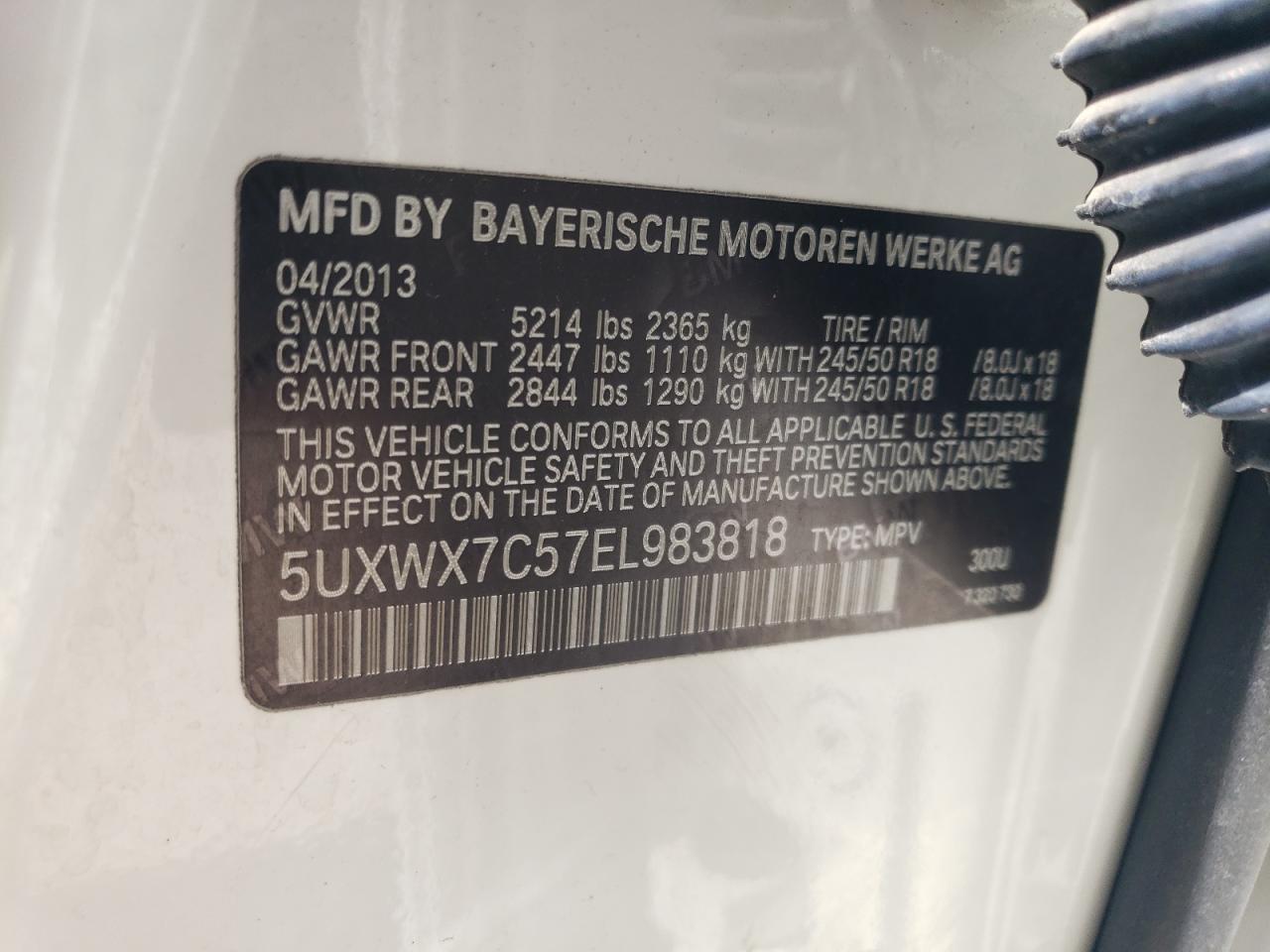 2014 BMW X3 xDrive35I VIN: 5UXWX7C57EL983818 Lot: 62115674