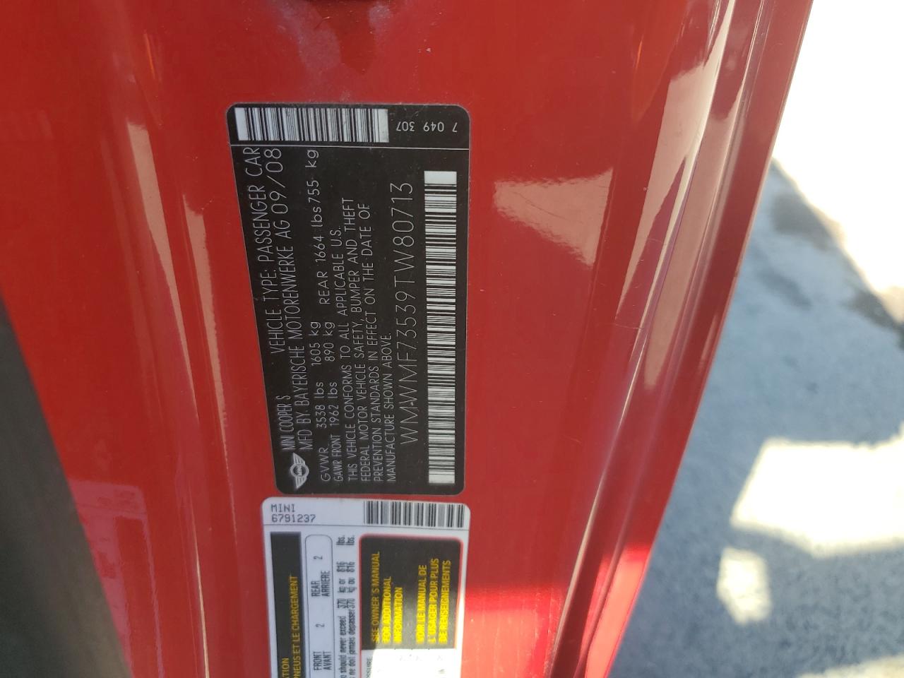 2009 Mini Cooper S VIN: WMWMF73539TW80713 Lot: 62824514