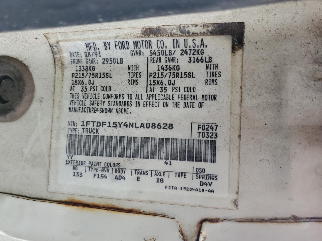 1992 Ford F150 VIN: 1FTDF15Y4NLA08628 Lot: 62916284