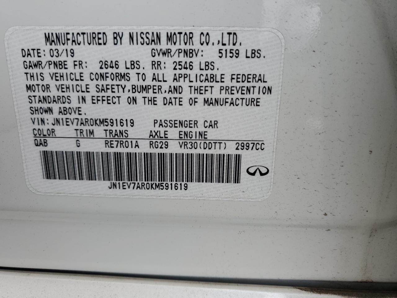 2019 Infiniti Q50 Luxe VIN: JN1EV7AR0KM591619 Lot: 64547994