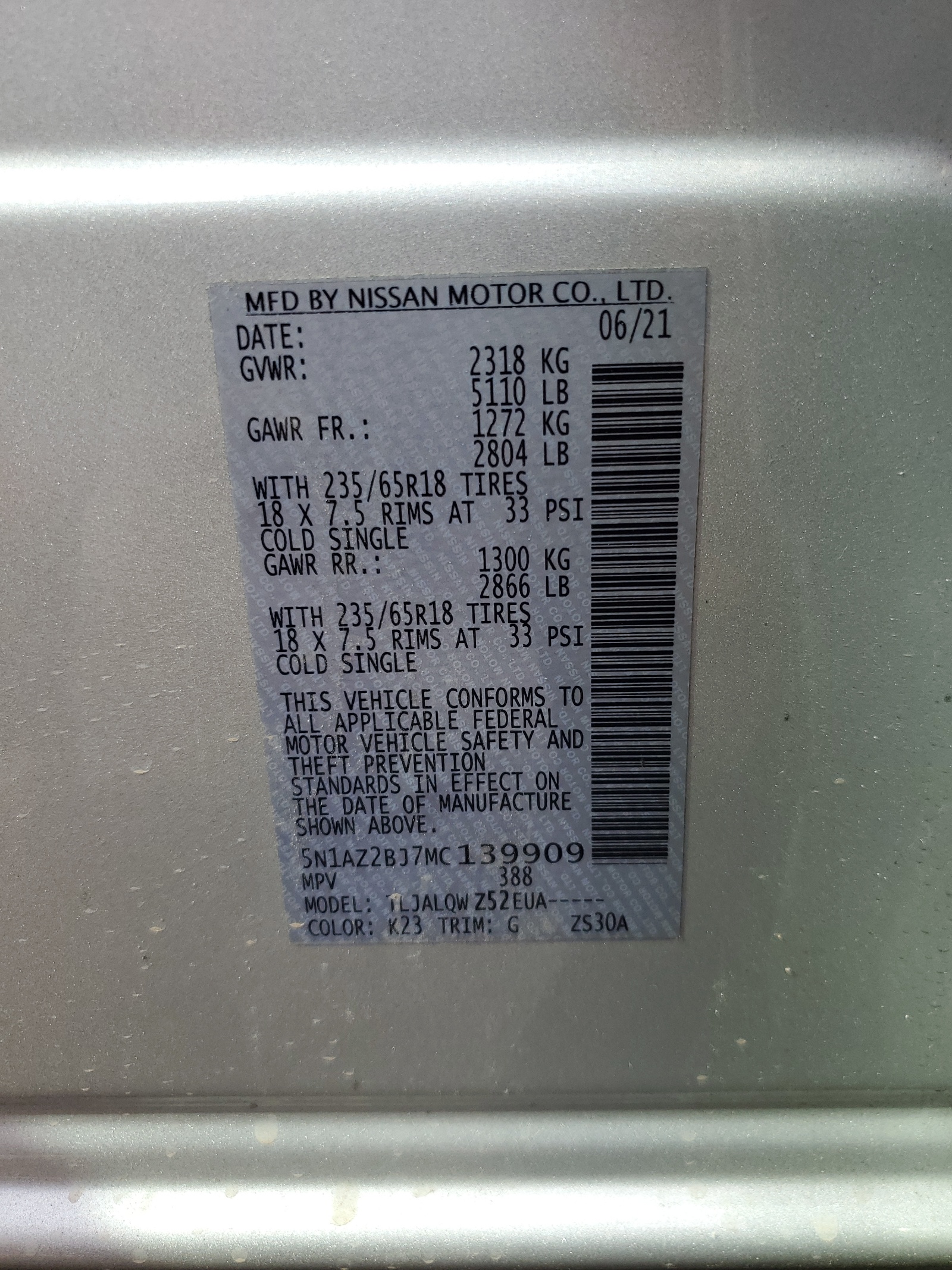 5N1AZ2BJ7MC139909 2021 Nissan Murano Sv