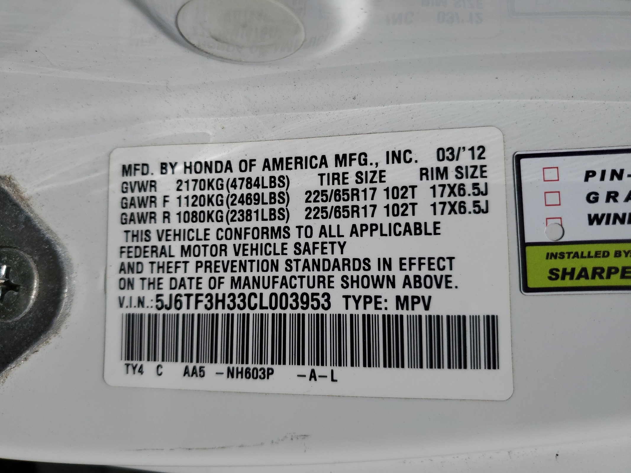 5J6TF3H33CL003953 2012 Honda Crosstour Ex