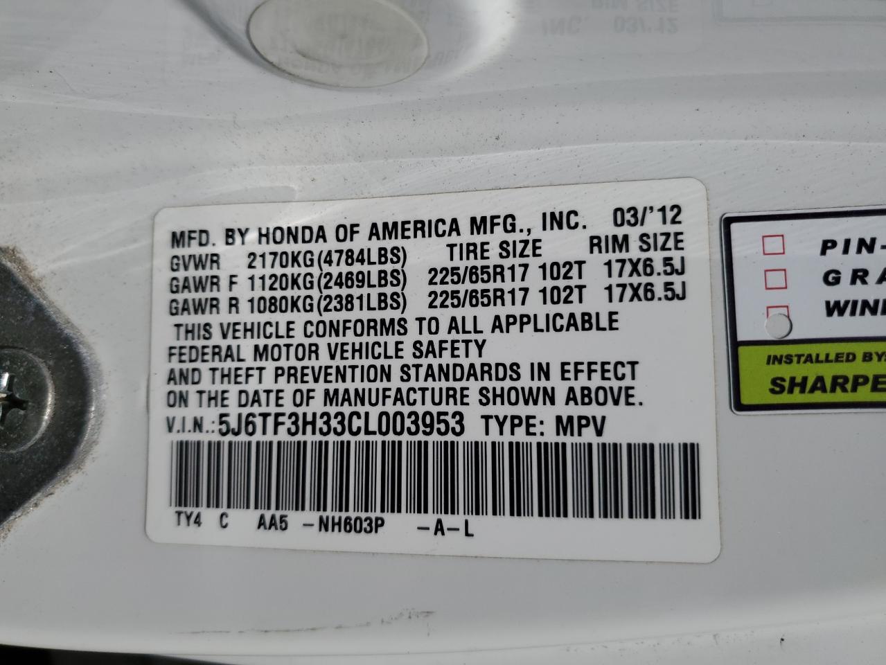 2012 Honda Crosstour Ex VIN: 5J6TF3H33CL003953 Lot: 61474494