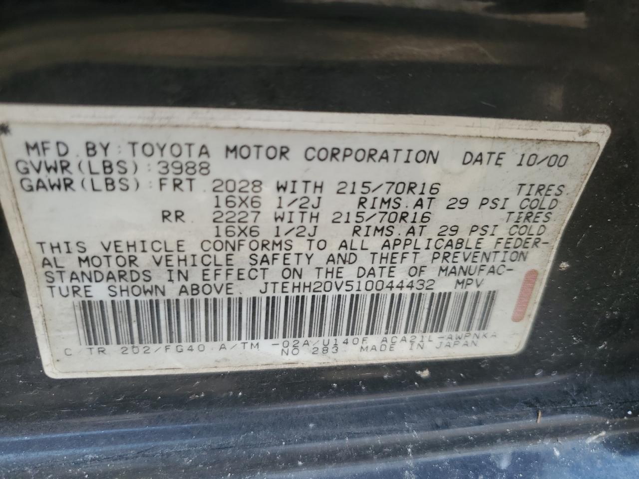 2001 Toyota Rav4 VIN: JTEHH20V510044432 Lot: 65081104