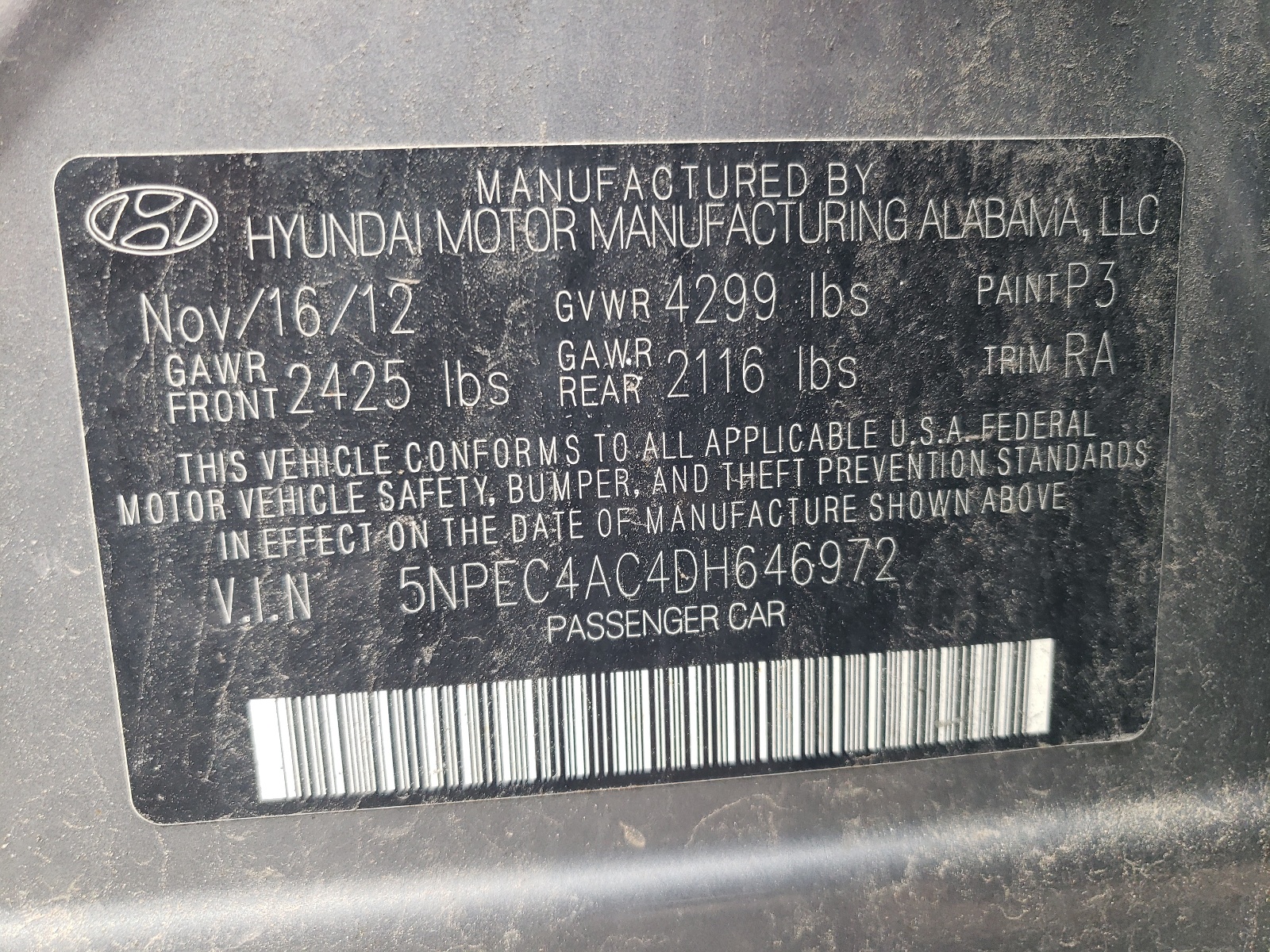 5NPEC4AC4DH646972 2013 Hyundai Sonata Se