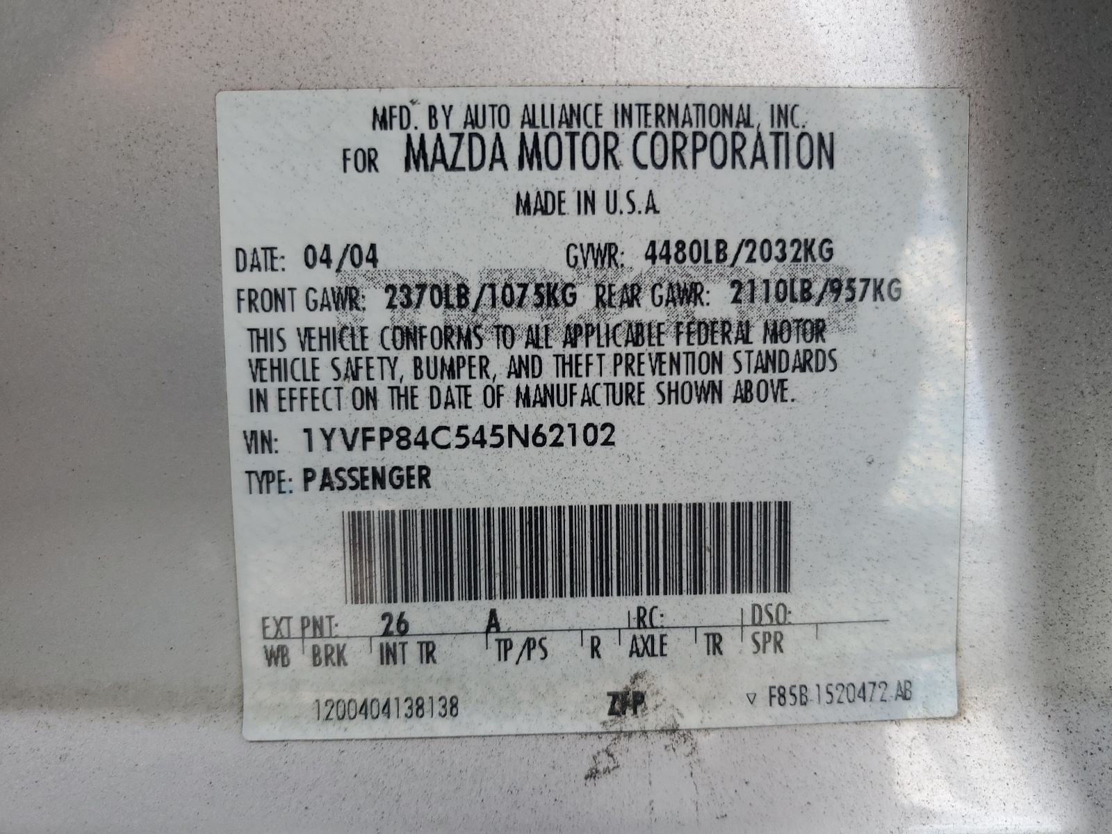 1YVFP84C545N62102 2004 Mazda 6 I