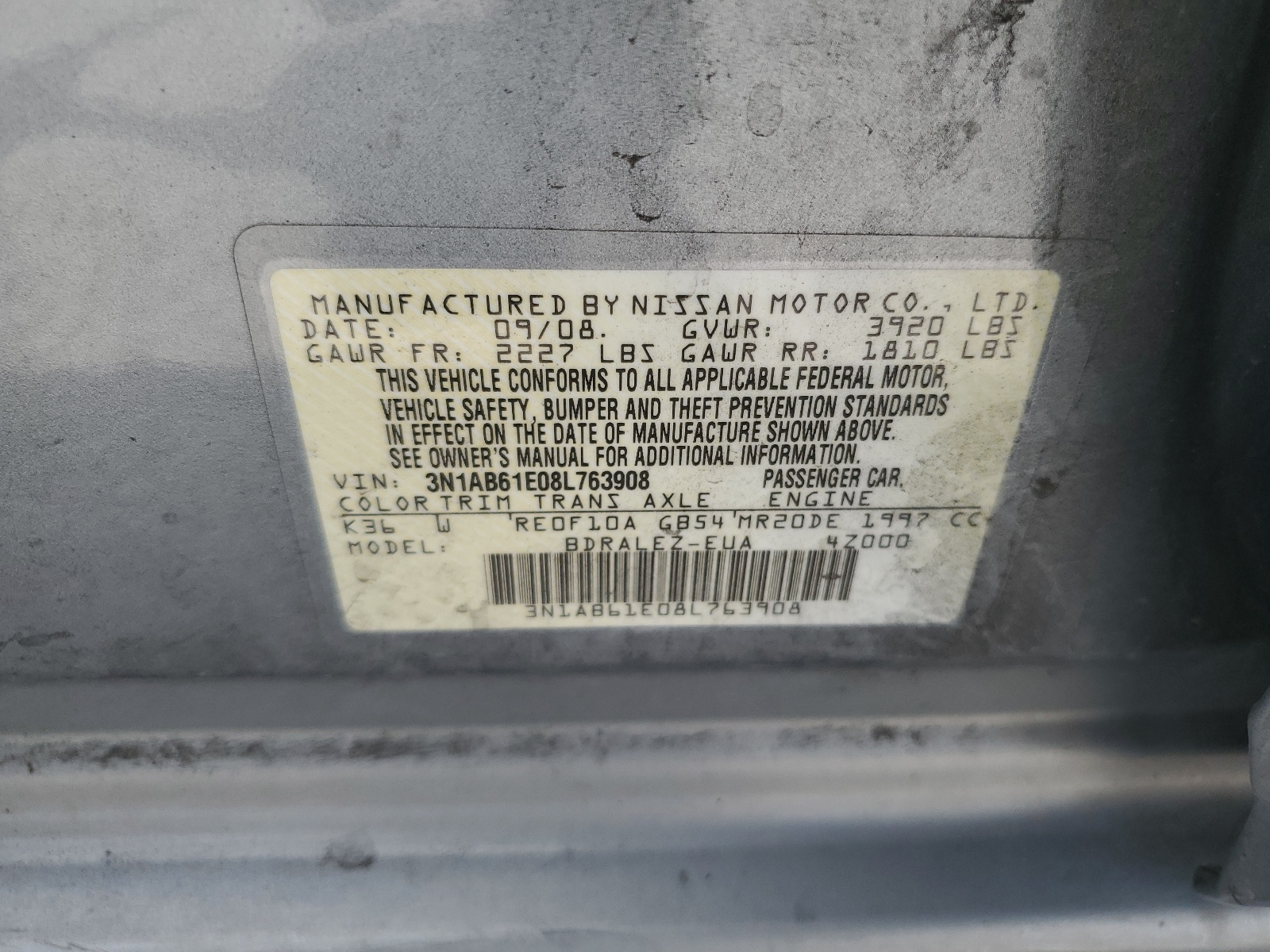 3N1AB61E08L763908 2008 Nissan Sentra 2.0