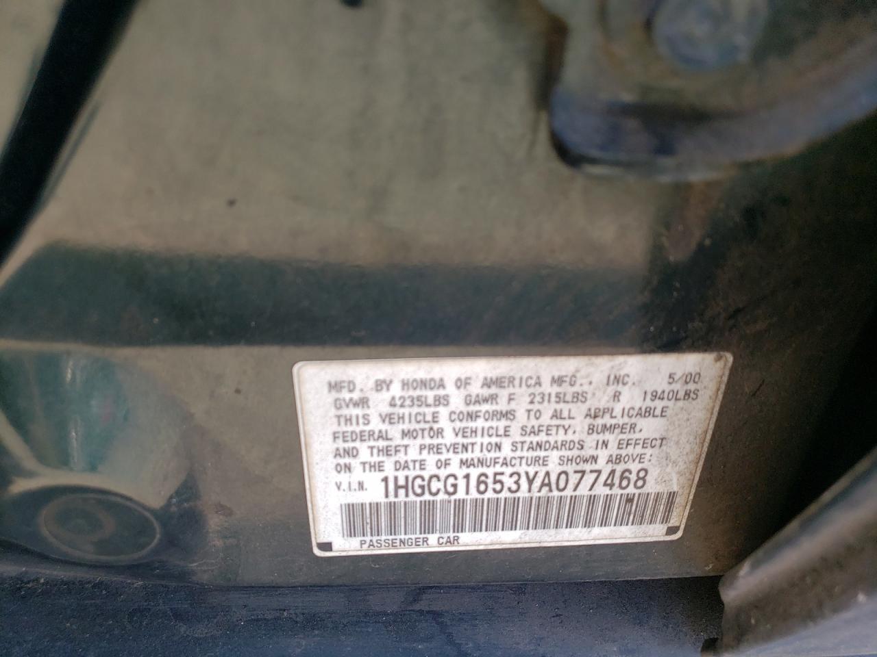 1HGCG1653YA077468 2000 Honda Accord Ex