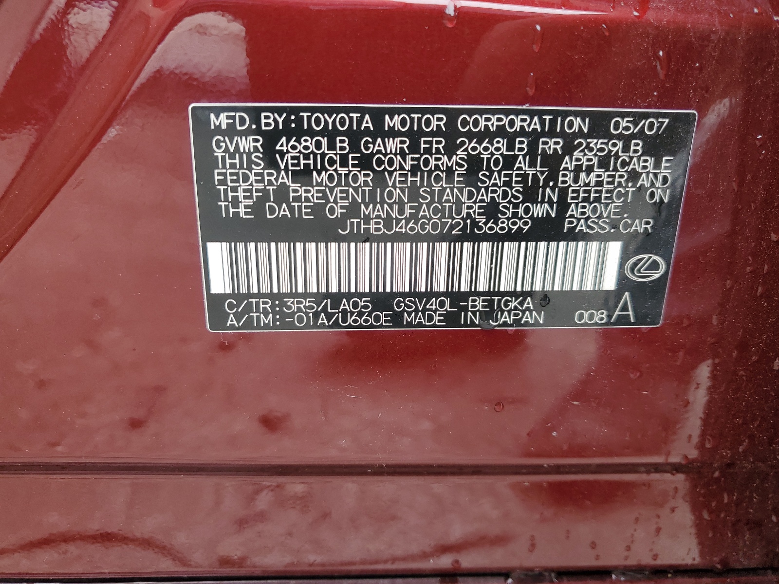 JTHBJ46G072136899 2007 Lexus Es 350