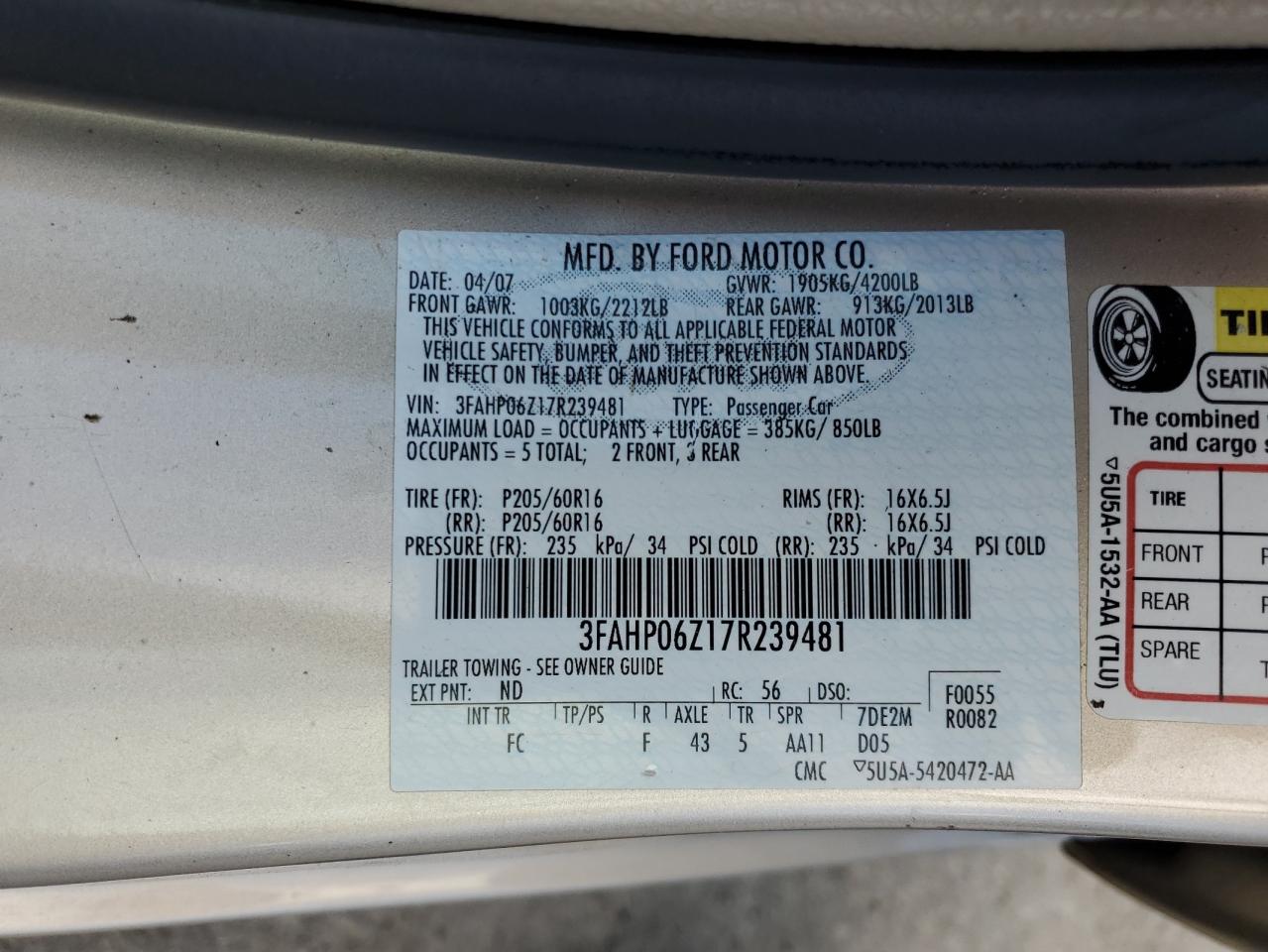 2007 Ford Fusion S VIN: 3FAHP06Z17R239481 Lot: 61343864
