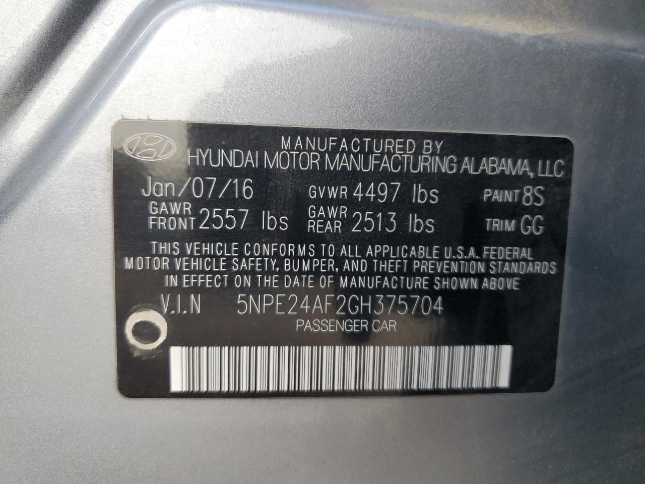 5NPE24AF2GH375704 2016 Hyundai Sonata Se