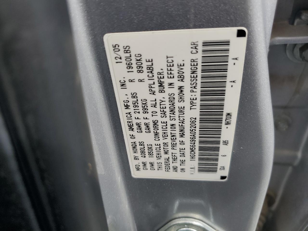 2006 Honda Accord Lx VIN: 1HGCM56496A052062 Lot: 63092804