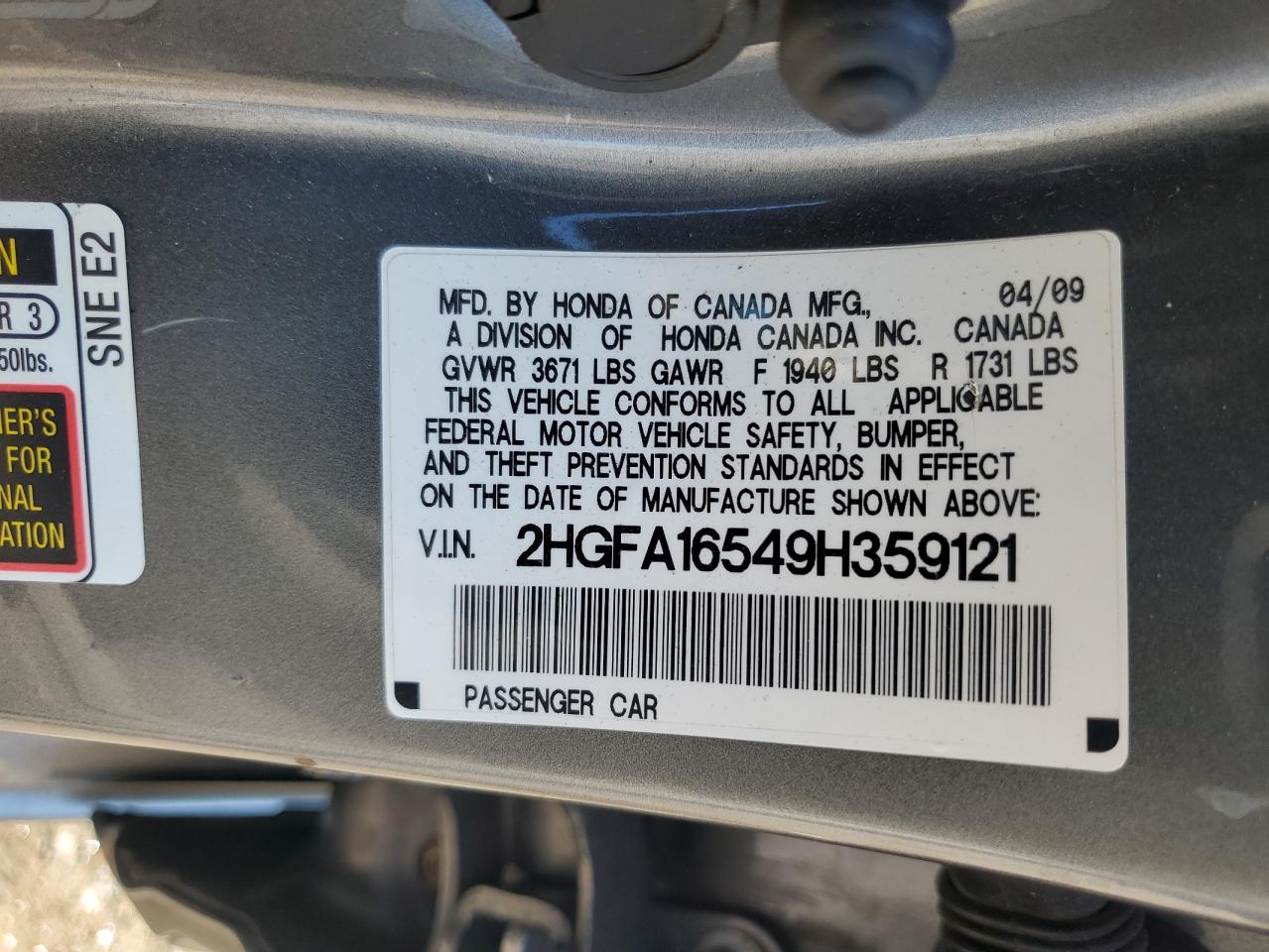 2009 Honda Civic Lx VIN: 2HGFA16549H359121 Lot: 65195844