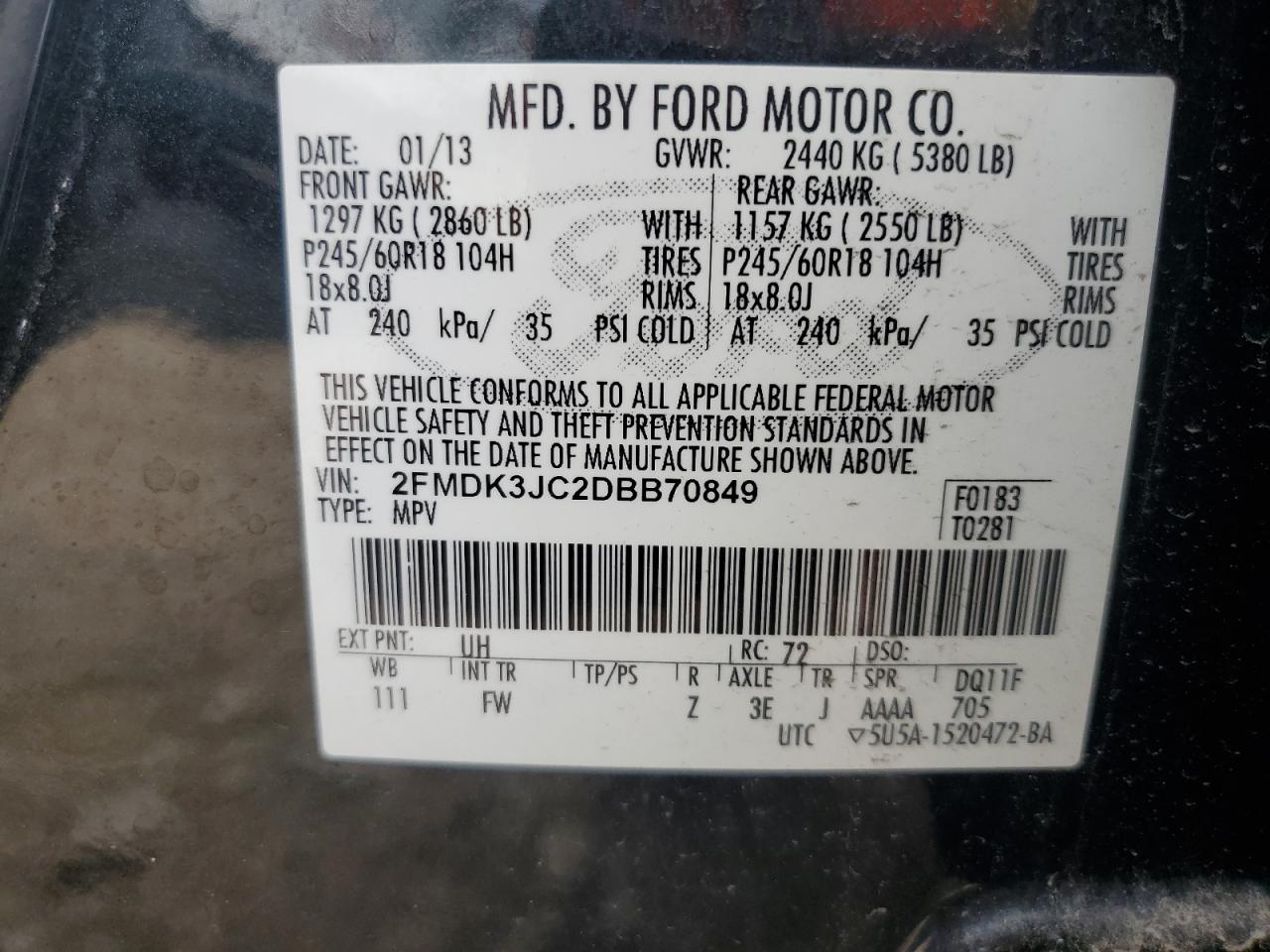 2013 Ford Edge Sel VIN: 2FMDK3JC2DBB70849 Lot: 71924165