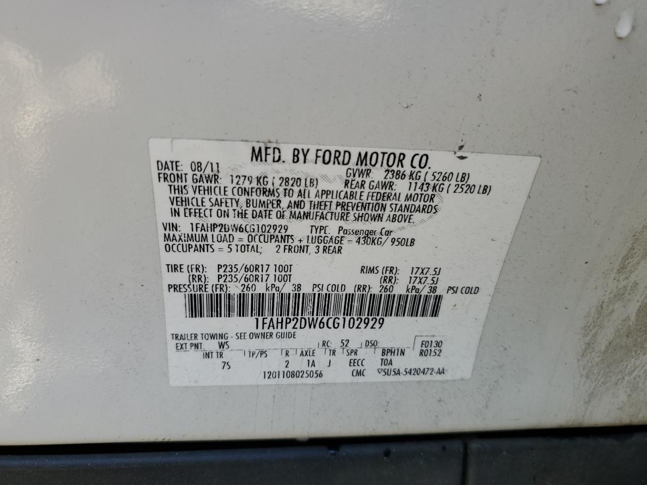 2012 Ford Taurus Se VIN: 1FAHP2DW6CG102929 Lot: 63332984